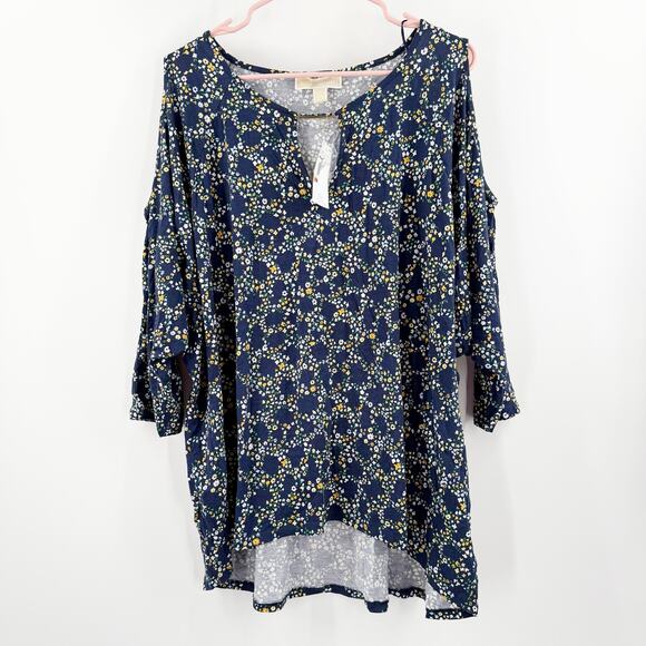 Michael Kors Blouse Cold Shoulder Size 2X NWT Navy Taxi Yellow Plus Curvy Top - Picture 1 of 13
